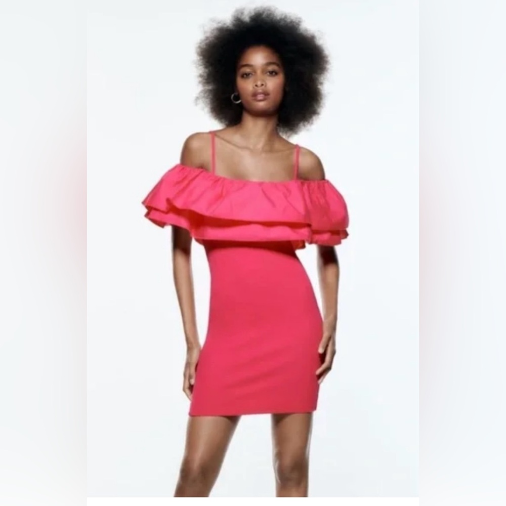 NWOT! ZARA Ruffle Pink Dress With Spaghetti Straps! Size Medium!